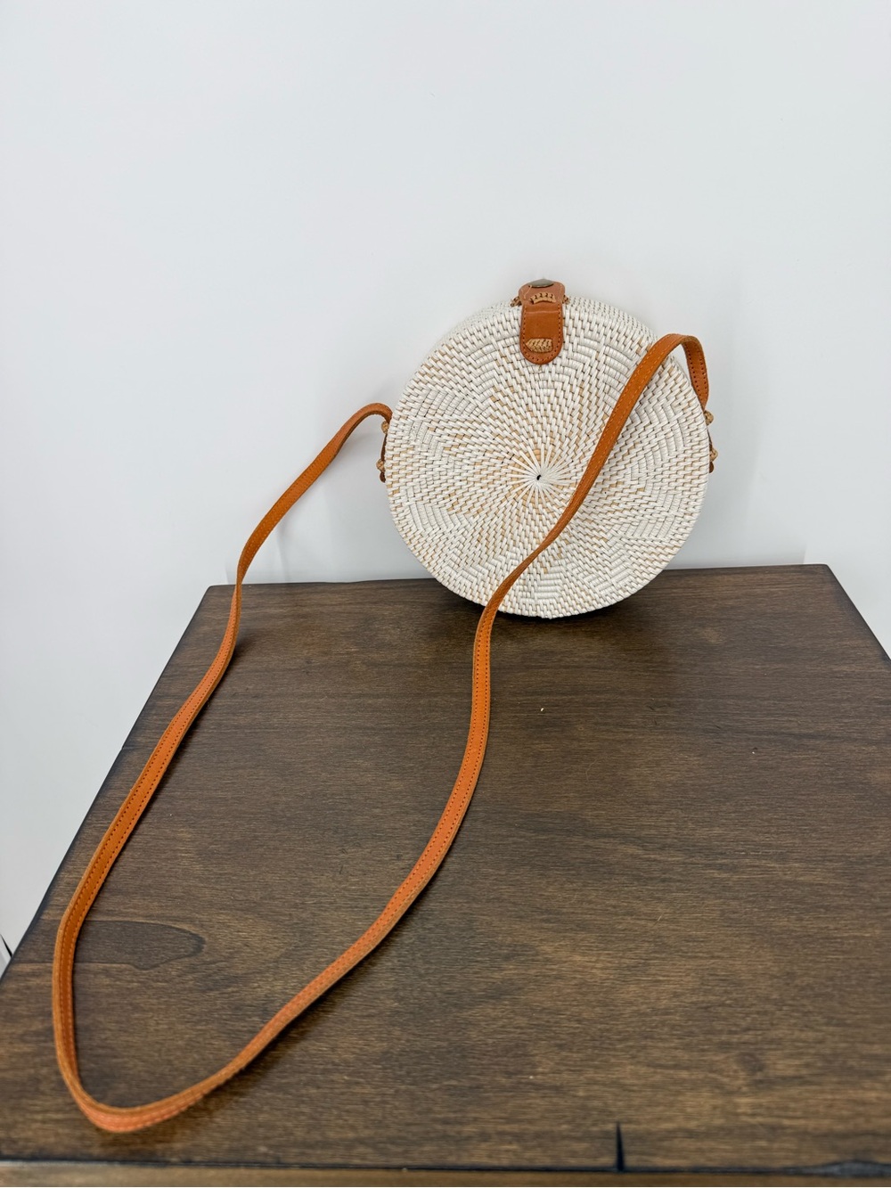 Rattan Woven Round Crossbody Bag with Tan Strap
